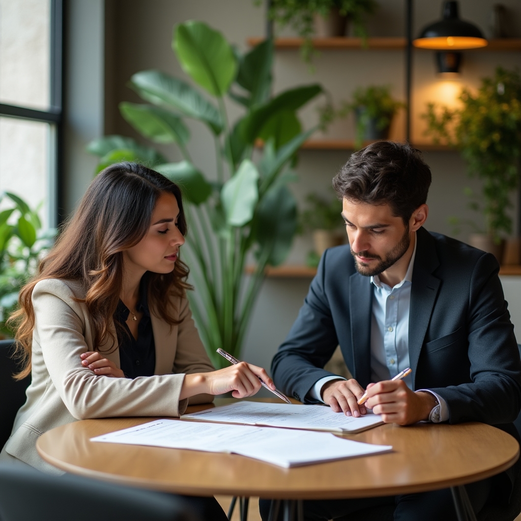 Two people reviewing a financial contract together